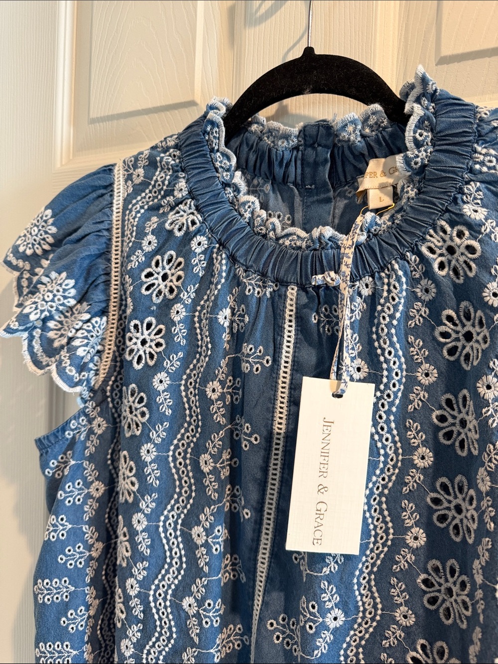 Blue Eyelet Embroidered Flutter-Sleeve Blouse, Large - Picture 2 of 6